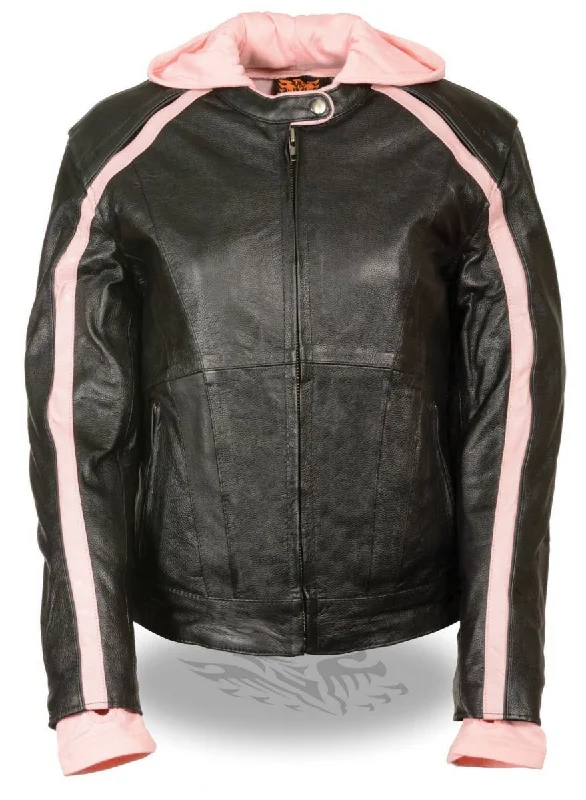 Women's Plus-Size Attire Milwaukee Leather SH1951 Women's Black and Pink Striped Leather Jacket with Zip-Out Hoodie