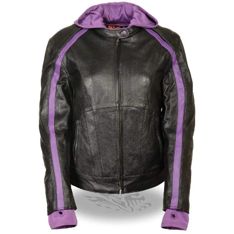 Women's Plus-Size Casual Outfit Milwaukee Leather SH1951 Women's Striped Black and Purple Leather Jacket with Zip-Out Hoodie