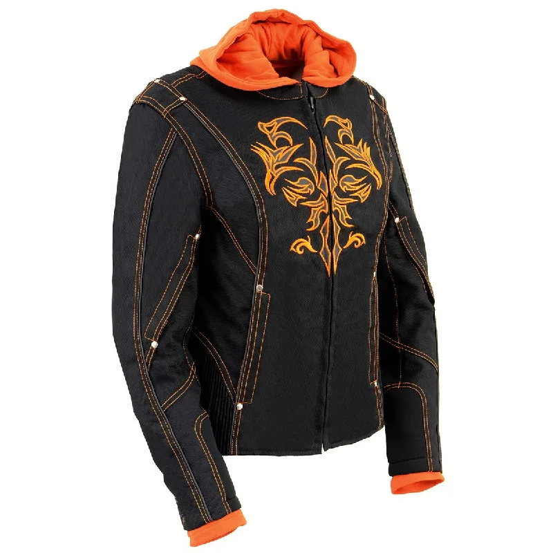 Women's Vintage-Inspired Clothing NexGen SH1939 Women's 'Reflective Tribal' Orange and Black 3/4 Textile Vented Jacket