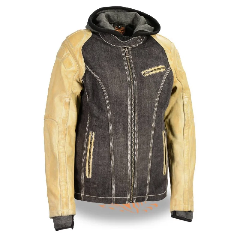 Women's Evening Garments Milwaukee Leather MDL2005 Ladies Hooded Two Tone Black and Beige Denim and Leather Scuba Jacket