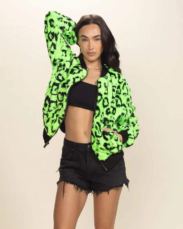 Casual Apparel For Women Women's Colorful Faux Fur Jacket | Neon Green Leopard