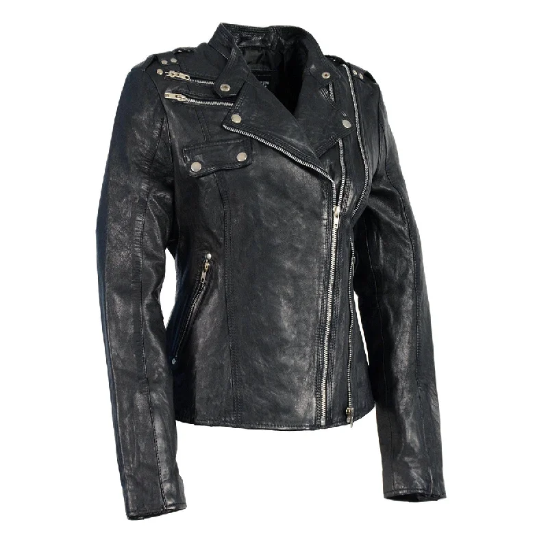 Women's High-End Clothing Milwaukee Leather Women's Black Leather Motorcycle Style Fashion Jacket with Asymmetrical Zipper SFL2845