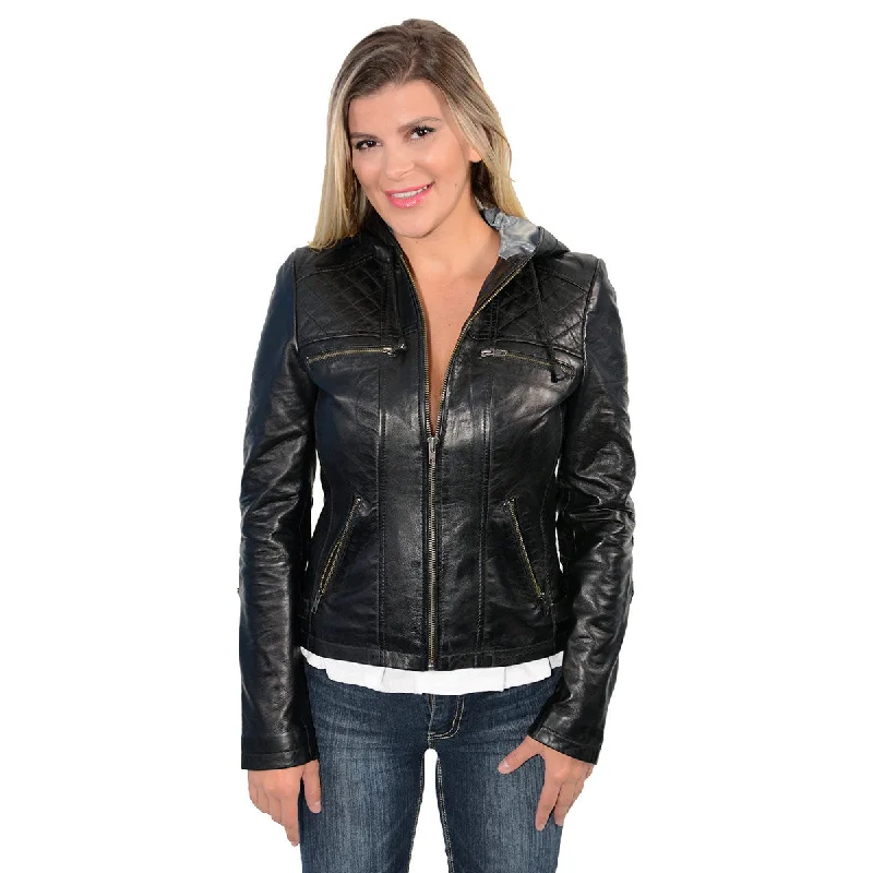 Stylish Women's Garments For Holidays Milwaukee Leather SFL2810 Women's Black Scuba Style Fashion Leather Jacket with Drawstring and Hoodie