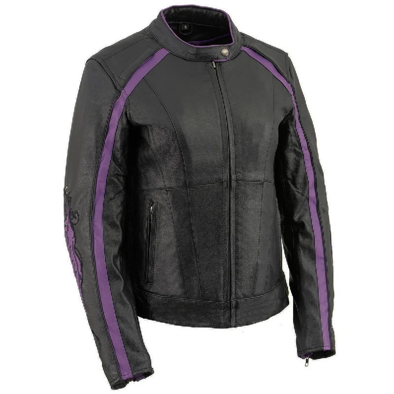 Affordable Women's Apparel Milwaukee Leather ML1952 Women's Black and Purple Embroidered and Stud Design Scooter Jacket