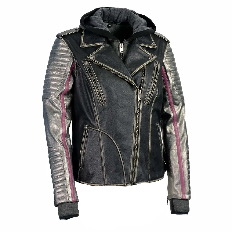 Women's Transitional Clothes Milwaukee Leather MLL2515 Women's Black 'Hooded' Leather Rub-Off Jacket with Silver Sleeves