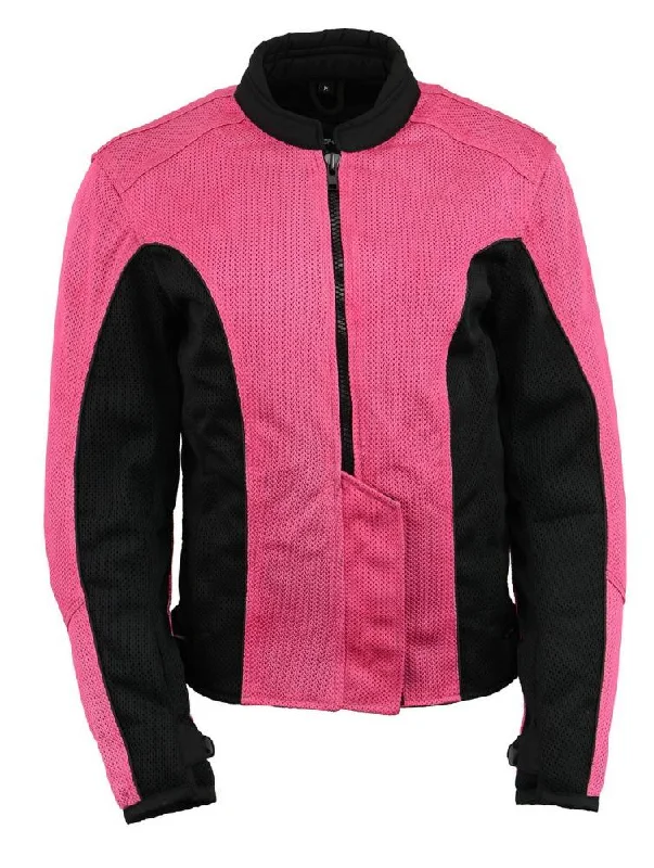 Affordable Women's Outfit M Boss Motorcycle Apparel BOS22702 Ladies Black and Fuchsia Mesh Racer Jacket with Full Armor