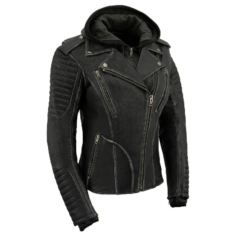 Women's Travel Attire Milwaukee Leather MLL2516 Black Leather Rub-Off Leather Jacket with Hoodie for Women