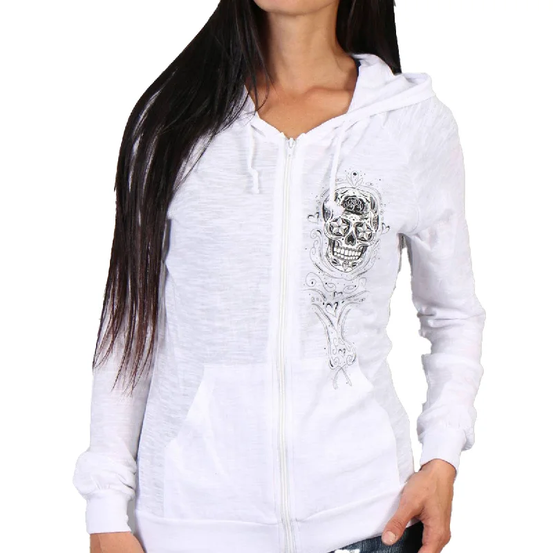 Plus-Size Women's Clothing Hot Leathers GLZ4237 Ladies 'Sugar Skull' Lightweight Slubby Hooded White Hoodie