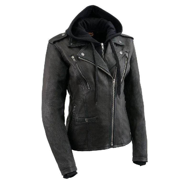 Women's Classic Attire Milwaukee Leather MLL2575 Women's Black Leather Vented Motorcycle Jacket w/ Removable Hoodie