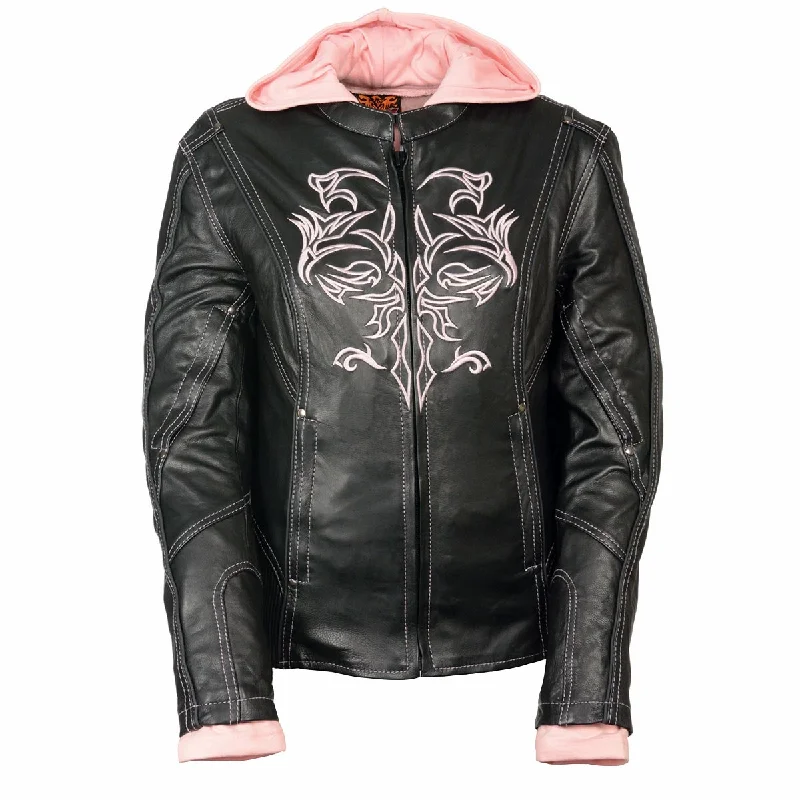 Women's Work Outfit For The Office Milwaukee Leather ML2066 Women's 3/4 Black and Pink Leather Hoodie Jacket with Reflective Tribal Design