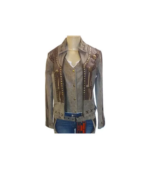 Women's Clothing And Garments Sets Ladies Two Tone Brown Leather Jacket 4263