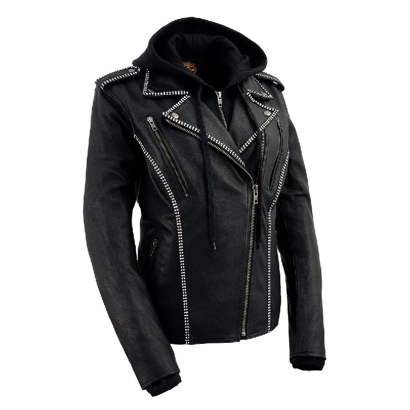 Women's Holiday Attire Milwaukee Leather MLL2503 Women's Black 'Bedazzled' Leather Moto Jacket with Hoodie