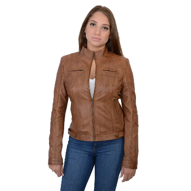 Women's Seasonal Wardrobe Clothing Milwaukee Leather SFL2800 Women's Racer Whiskey Stand Up Collar Motorcycle Fashion Leather Jacket