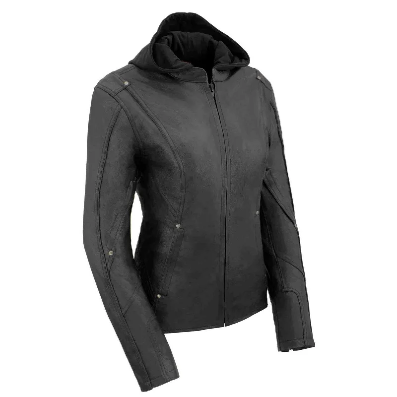 Women's Trendy Activewear Apparel Milwaukee Leather MLL2555 Women's Black 3/4 Hooded Leather Jacket with Side Stretch