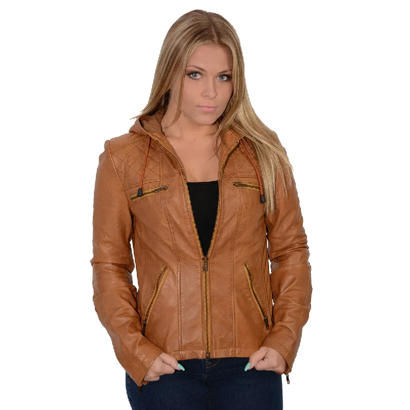 Stylish Women's Apparel Milwaukee Leather SFL2810 Women's Cognac Scuba Style Fashion Leather Jacket with Drawstring and Hoodie