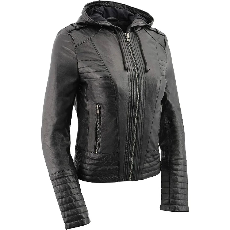 Chic Women's Garments Milwaukee Leather SFL3554 Women's Black Scuba Style Zippered Front Motorcycle Fashion Leather Jacket with Hoodie