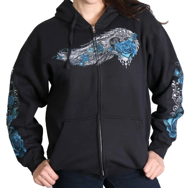 Women's Clothing For Special Occasions Hot Leathers GLZ4345 Women's 'Angel Roses' Zip Up Hooded Black Sweat Shirt