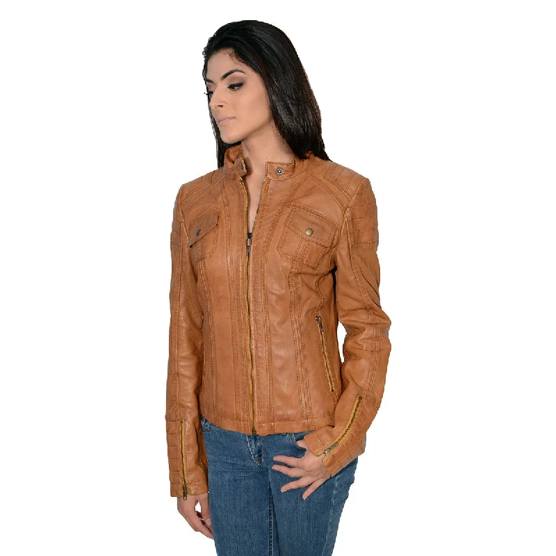 Stylish Women's Apparel Milwaukee Leather SFL2805 Women's Cognac Quilted Mandarin Collar Fashion Casual Leather Jacket