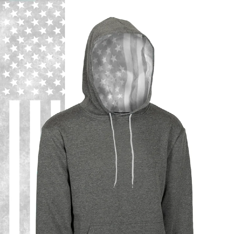 Women's High-Fashion Outfit Classic Lined Hoodie | Ghost American Flag | Dark Heather Grey