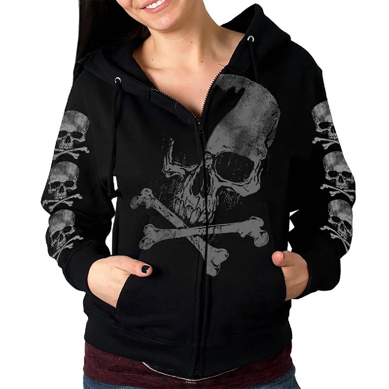 Women's Seasonal Attire Hot Leathers GLZ4572 Ladies Black Zipper Hoodie w/ Gray X Bones Print Artwork