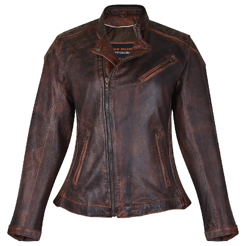 Women's Apparel HML621VB High Mileage Ladies Vintage Brown Leather Jacket with Diamond Stitched Shoulders