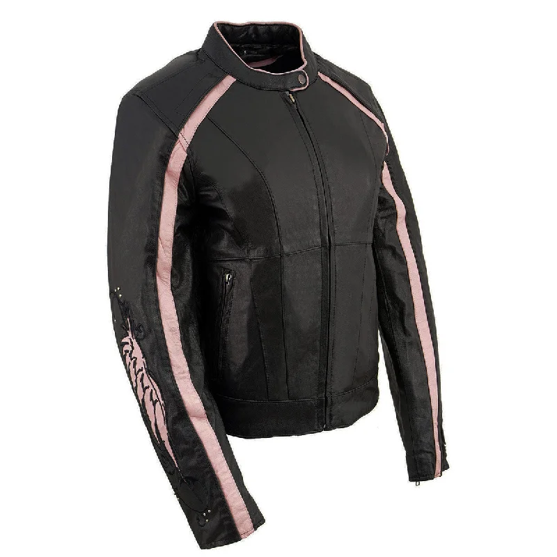 Women's Clothes And Garments Milwaukee Leather ML1952 Women's Black and Pink Embroidered and Stud Design Scooter Jacket